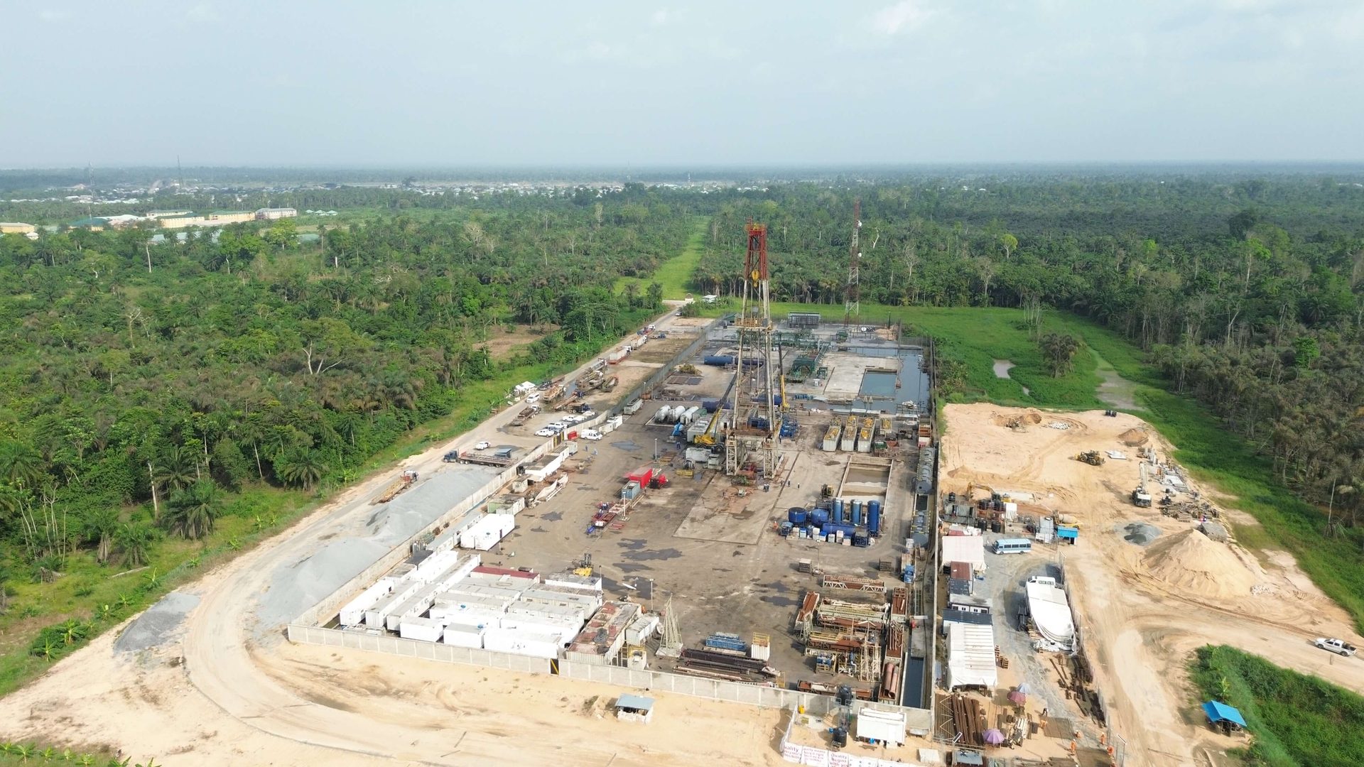 Aerial view of an oilfield well site